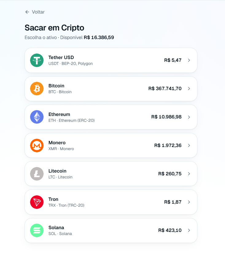 Tela de saque em criptomoedas da LYNX
